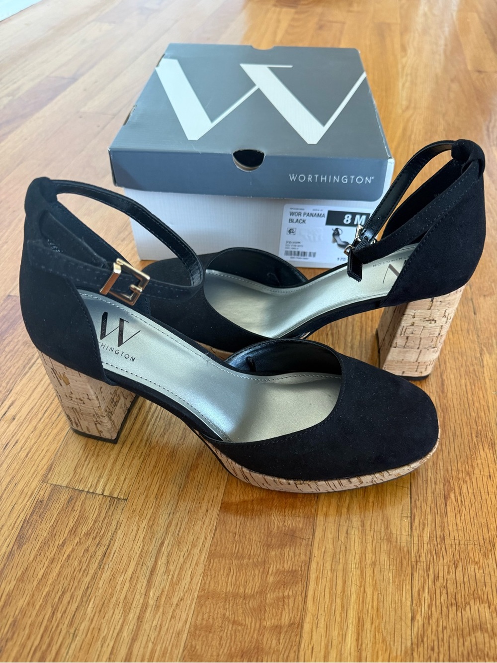 Worthington Black Suede Cork Block Heel Sandals